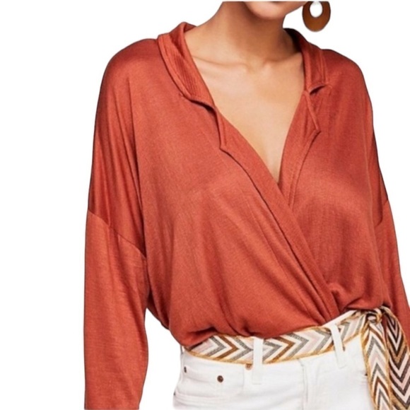 Free People Beach -Terra Cota Beach Keepin’ Long Sleeve Wrap Blouse Cover Sz XS - Picture 1 of 8